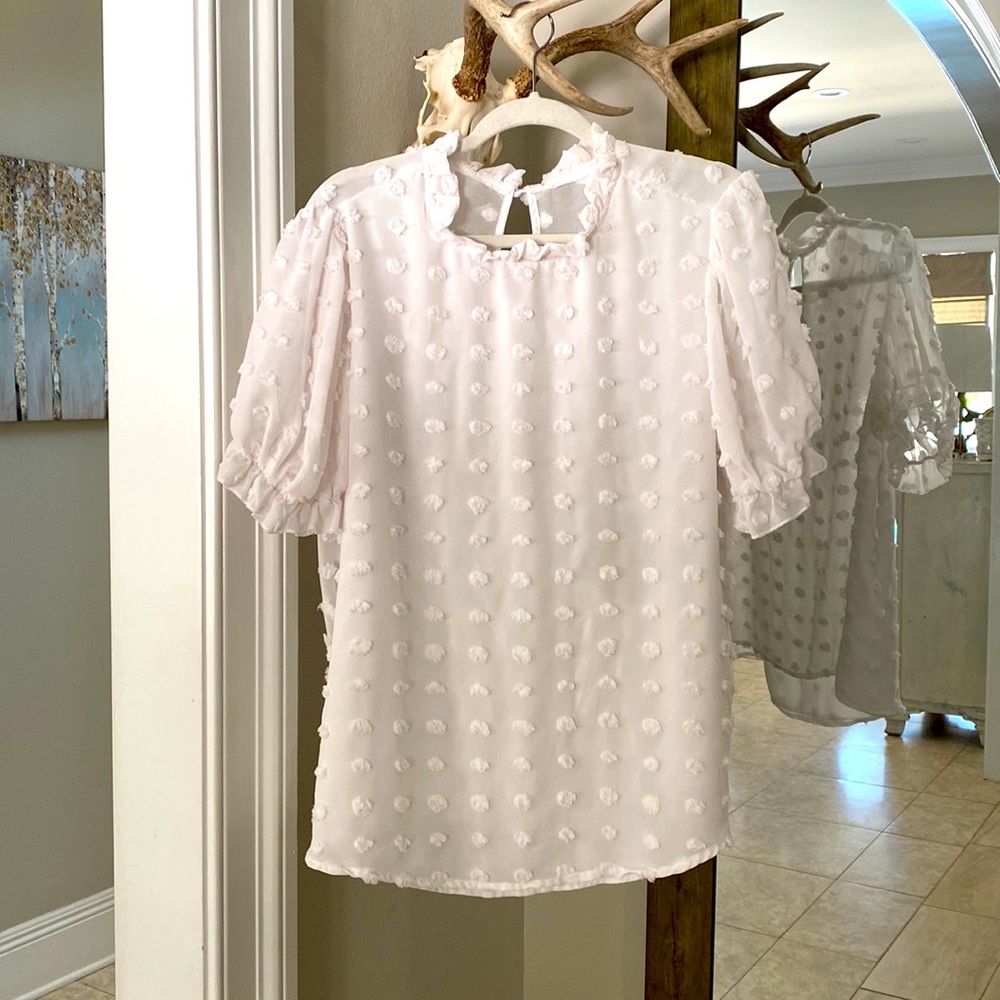 SHEIN Swiss Dot White Puff‎ sleeve Sheer Blouse 2XL